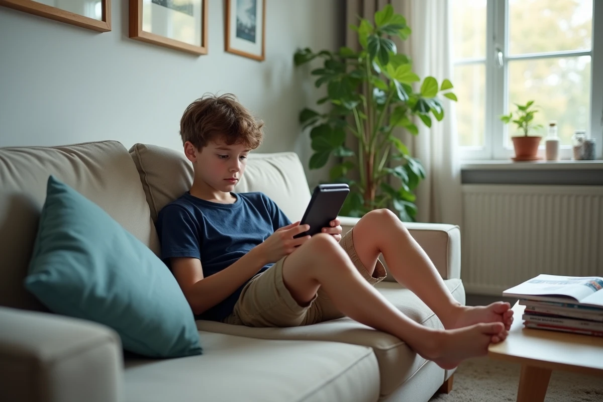 Adolescent détendu lisant manga sur smartphone dans le salon