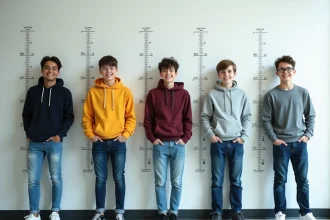 Groupe d'adolescents de différentes origines comparant leur taille contre un mur gradué dans un cadre scolaire