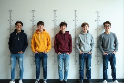 Groupe d'adolescents de différentes origines comparant leur taille contre un mur gradué dans un cadre scolaire