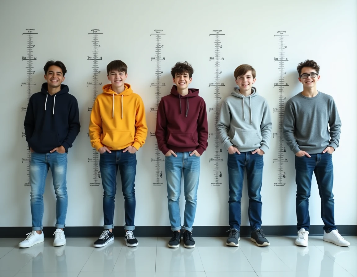 Groupe d'adolescents de différentes origines comparant leur taille contre un mur gradué dans un cadre scolaire