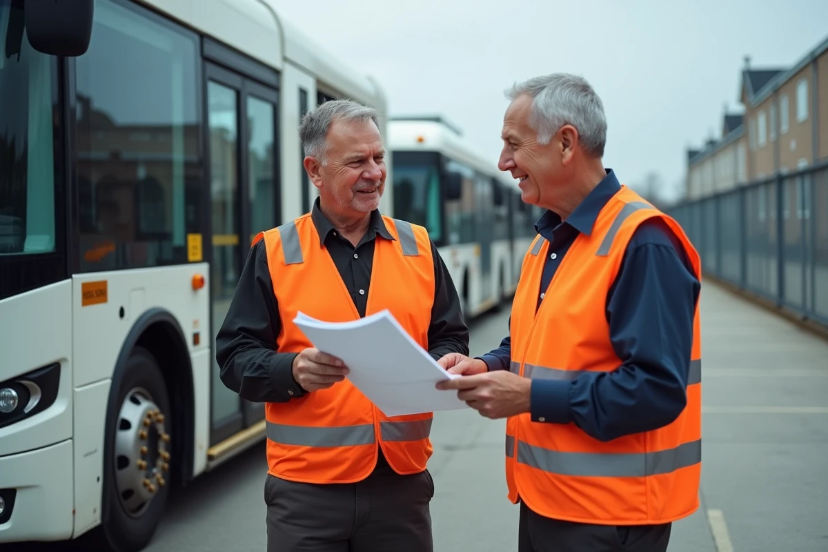 Deux agents de transport en commun discutant d'un planning de rotations semaine paire impaire devant des bus dans un dépôt extérieur