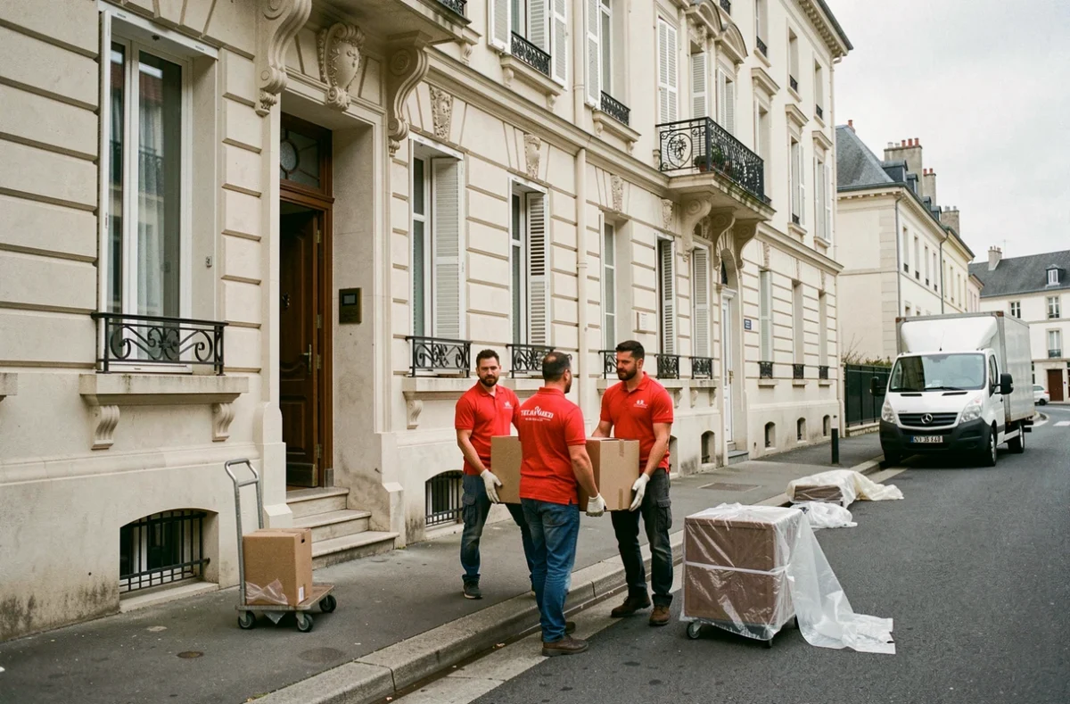 Équipe AMD déménageant des meubles depuis un appartement en rez-de-chaussée dans un immeuble français