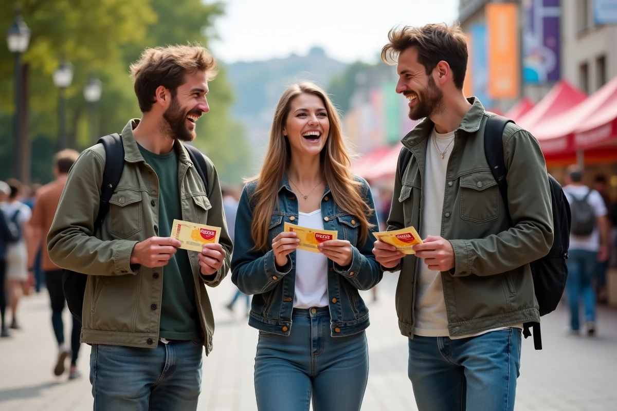 Trois amis discutent de leurs tickets de festival en plein air