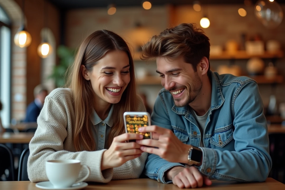 Deux amis découvrant ensemble un jeu mobile de coins et spins dans un café urbain