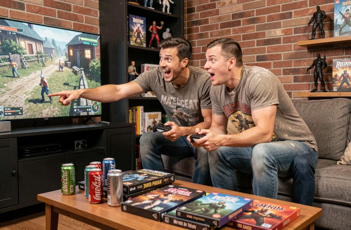 Deux amis joueurs réagissant ensemble au préquel Gears of War E-Day sur canapé dans un salon gamer