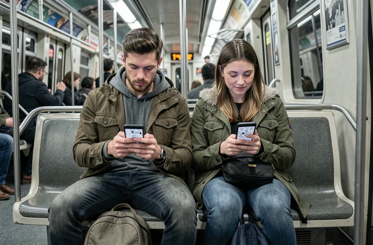 Deux amis lisant One Piece sur smartphone dans le métro sans publicité gênante