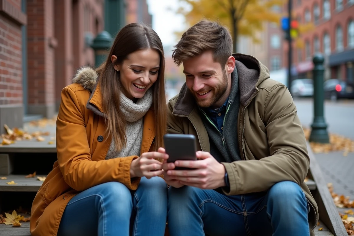 Deux amis consultant un smartphone ensemble pour utiliser Monopoly Lien et obtenir des dés gratuits quotidiens