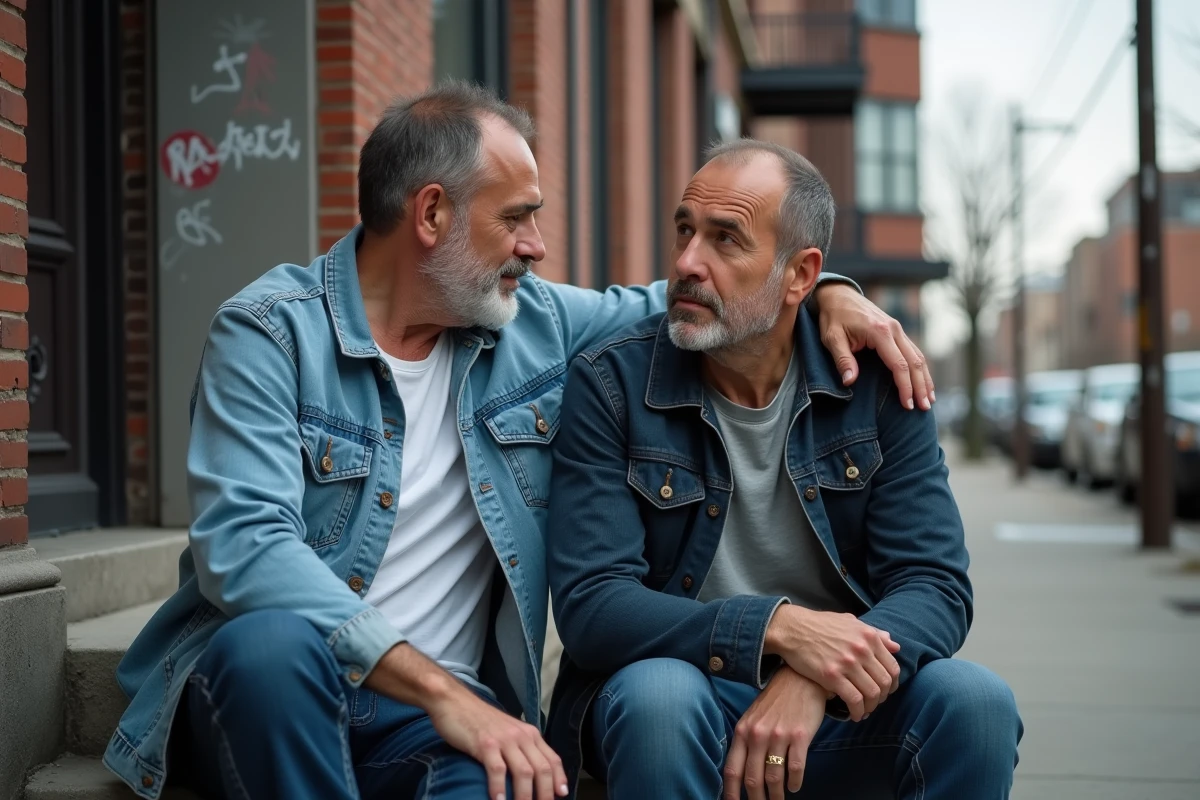 Deux amis assis sur un perron urbain, l'un réconfortant l'autre dans un moment difficile avec solidarité