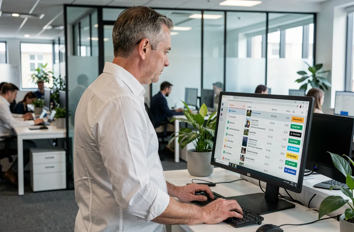 Homme analysant des données d'historique de navigation sur un écran dans un bureau en open space