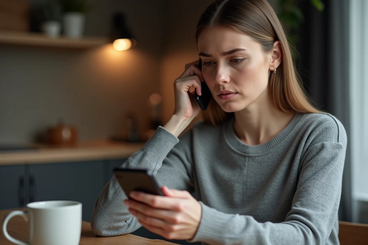 Femme inquiète regardant un appel entrant avec l'indicatif pays +212 sur son smartphone