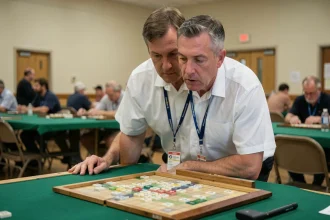 Arbitre de Scrabble en tournoi homologué vérifiant le placement des lettres sur le plateau de jeu lors d'une compétition officielle
