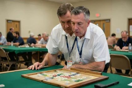 Arbitre de Scrabble en tournoi homologué vérifiant le placement des lettres sur le plateau de jeu lors d'une compétition officielle