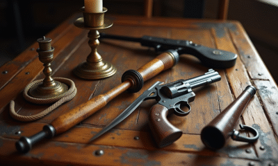 Les armes classiques de Cluedo sur une table en bois ancien