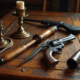 Les armes classiques de Cluedo sur une table en bois ancien