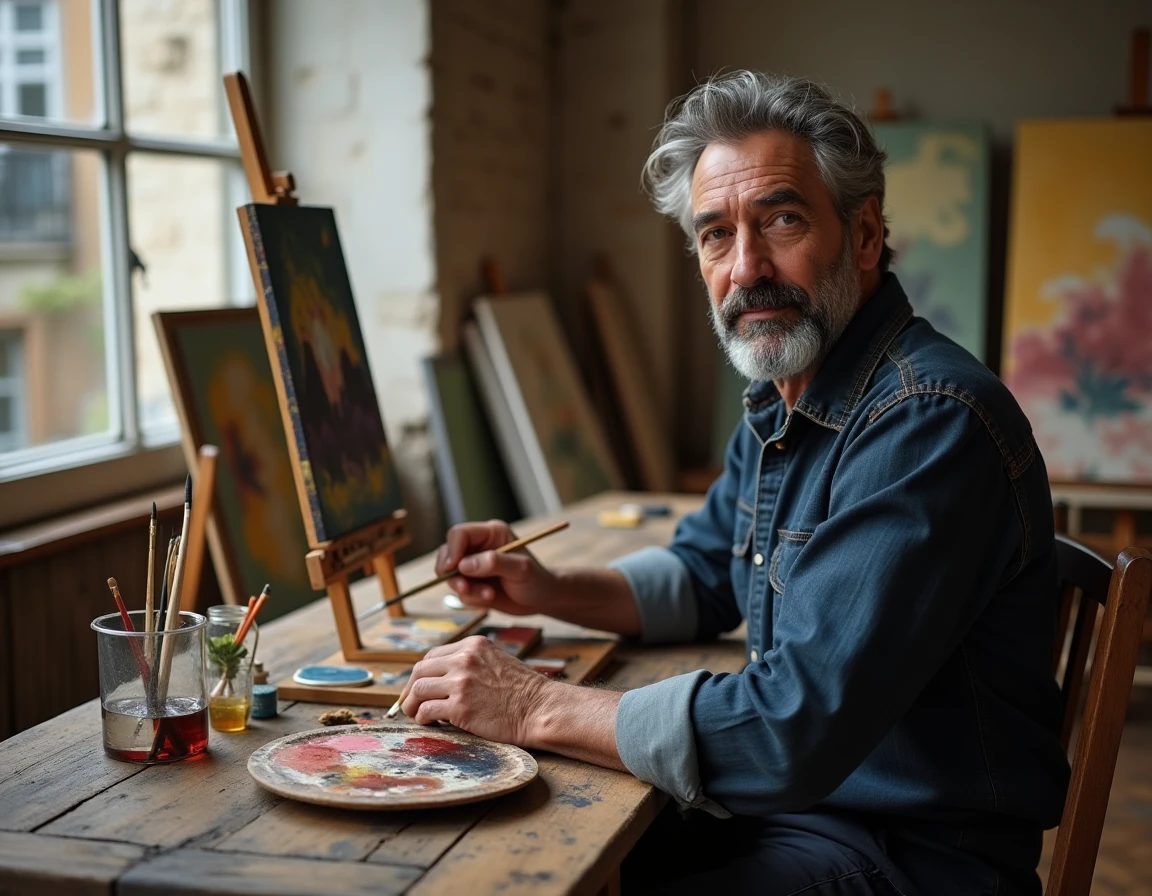 Homme artiste peignant à l'huile sur une toile traditionnelle dans un atelier classique avec palette et solvants