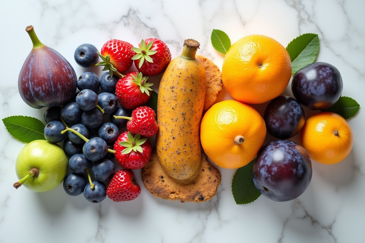 Assortiment de fruits frais commençant par I sur plan rapproché