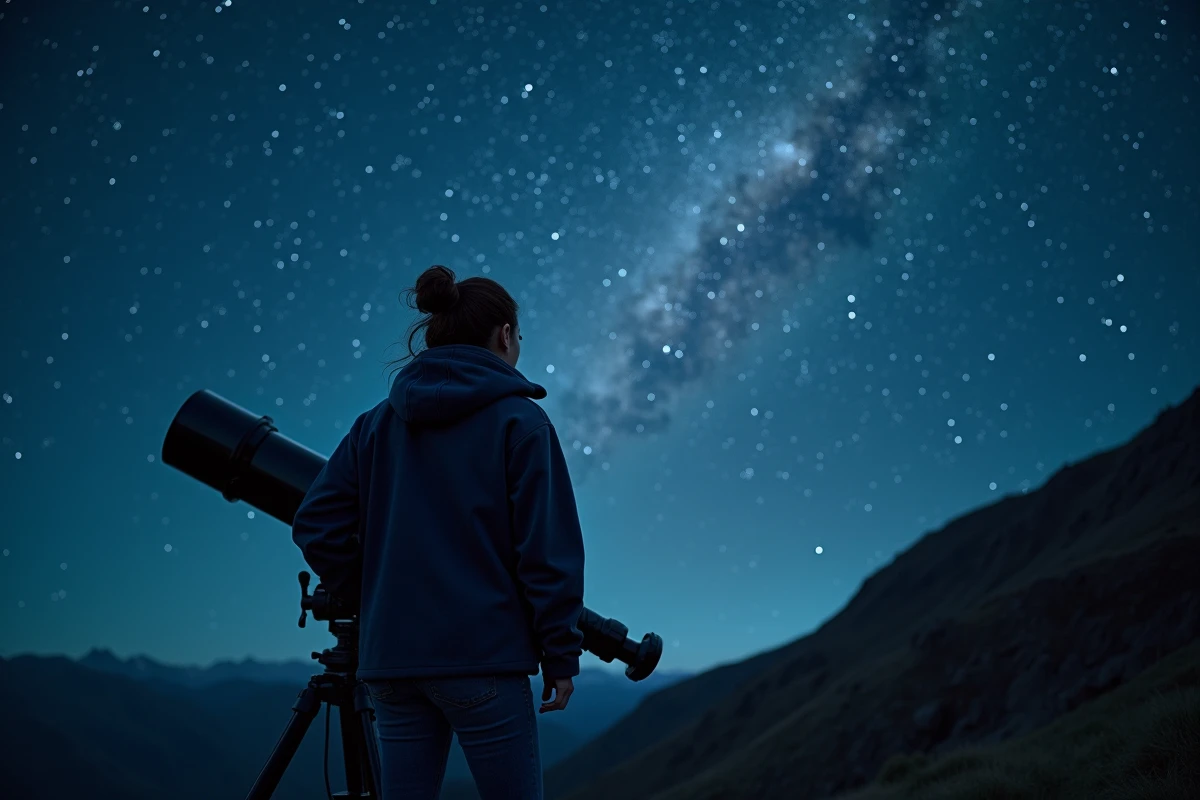 Astronome femme observant le ciel étoilé avec un télescope professionnel dans un observatoire de montagne la nuit