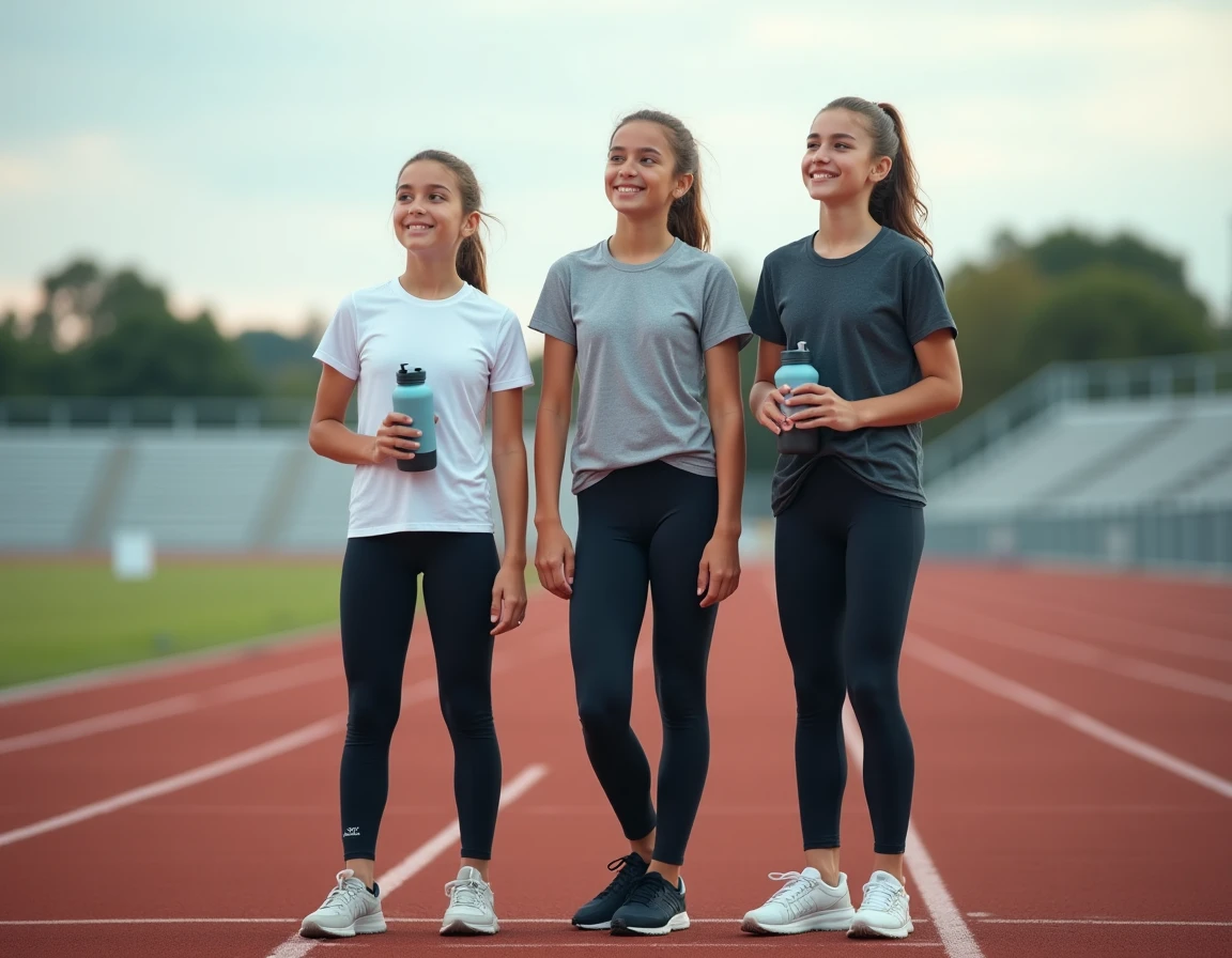 Trois jeunes athlètes de tailles différentes sur une piste d'athlétisme illustrant les variations de croissance selon les pays