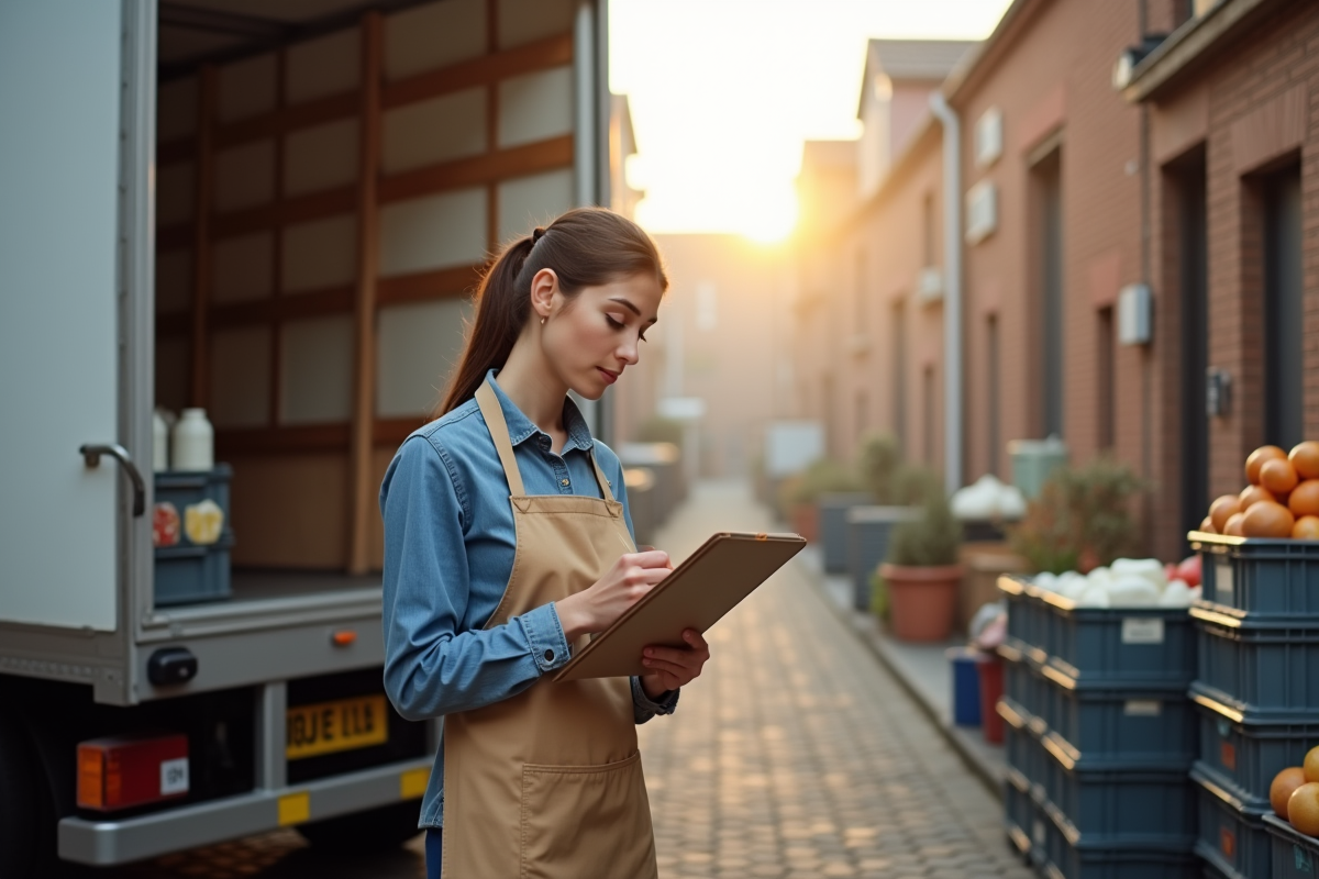 Jeune boulangere vérifiant une livraison matinale dehors