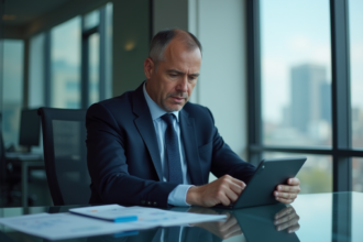 Banquier en costume navy regardant des graphiques sur tablette