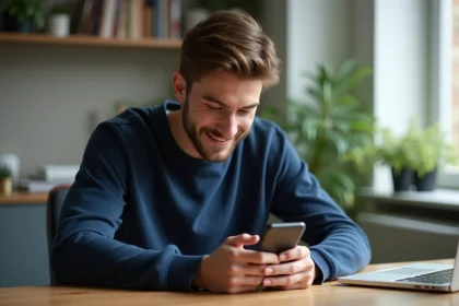 Jeune homme consultant son compte sur les réseaux sociaux à son bureau, illustrant l'article sur Benoît Petitjean et le pseudonyme benou248