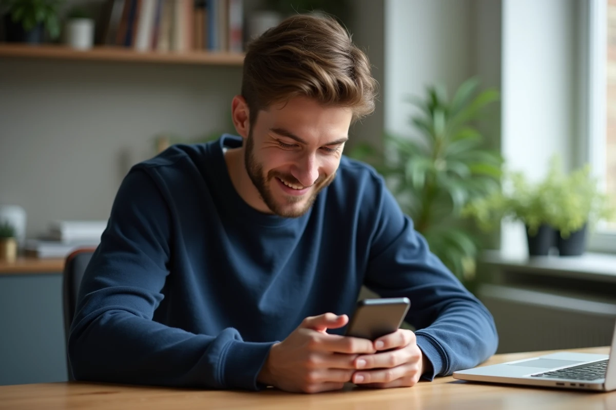 Jeune homme consultant son compte sur les réseaux sociaux à son bureau, illustrant l'article sur Benoît Petitjean et le pseudonyme benou248