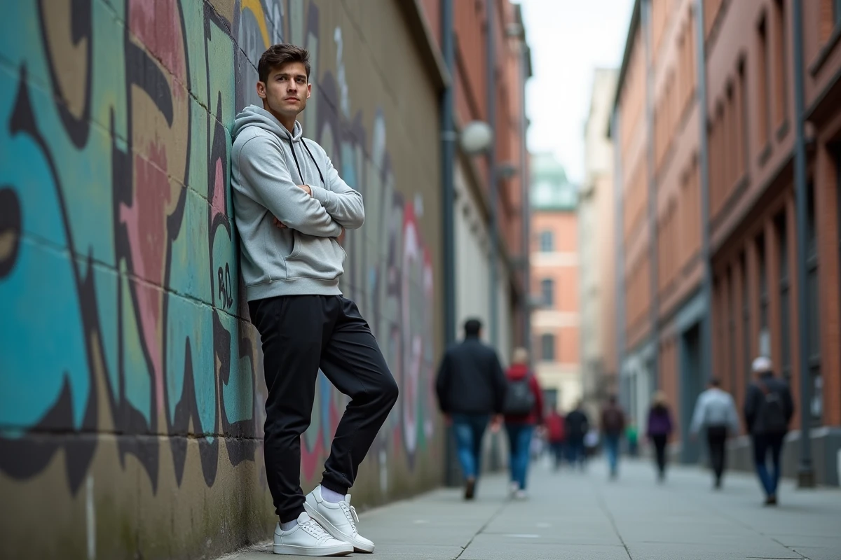 Jeune homme en tenue décontractée devant un mur urbain, représentant l'identité en ligne et la personnalité associée au pseudonyme benou248