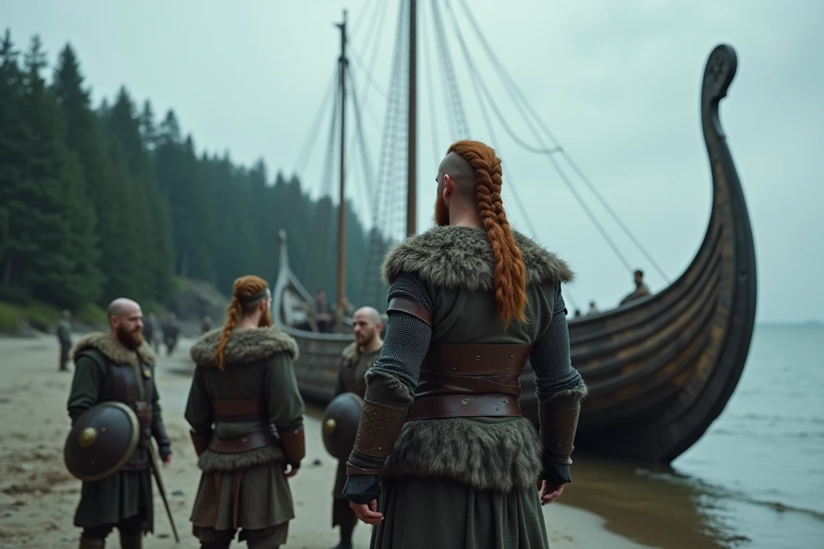 Groupe de guerriers vikings réunis autour d'un drakkar échoué sur une plage nordique, Bjorn en figure centrale dominant la scène de sa prestance