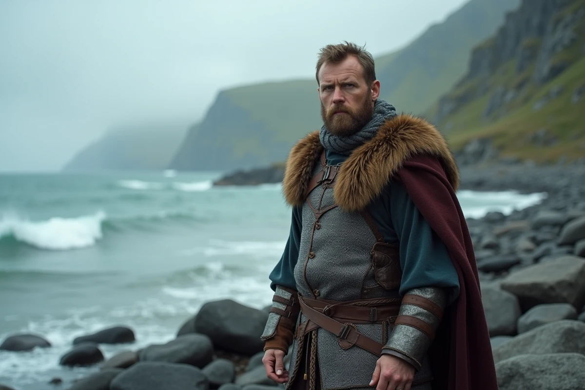 Guerrier viking en costume authentique debout sur une côte rocheuse nordique brumeuse, incarnant la puissance et l'autorité de Bjorn le Viking