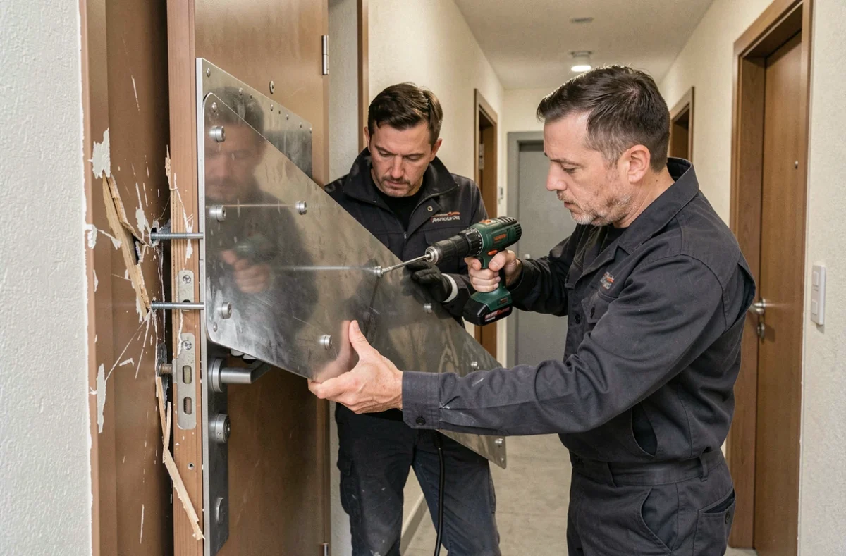 Deux serruriers posant un blindage de porte après une effraction dans un appartement, fixant le panneau de renforcement en acier