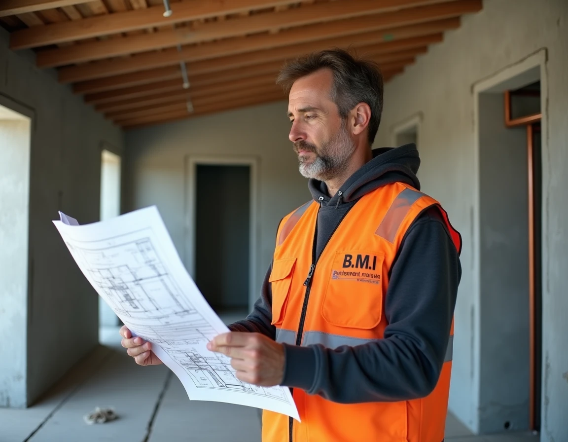 Technicien BMI Bâtiment Maisons Individuelles étudiant les plans de plomberie dans une maison en construction