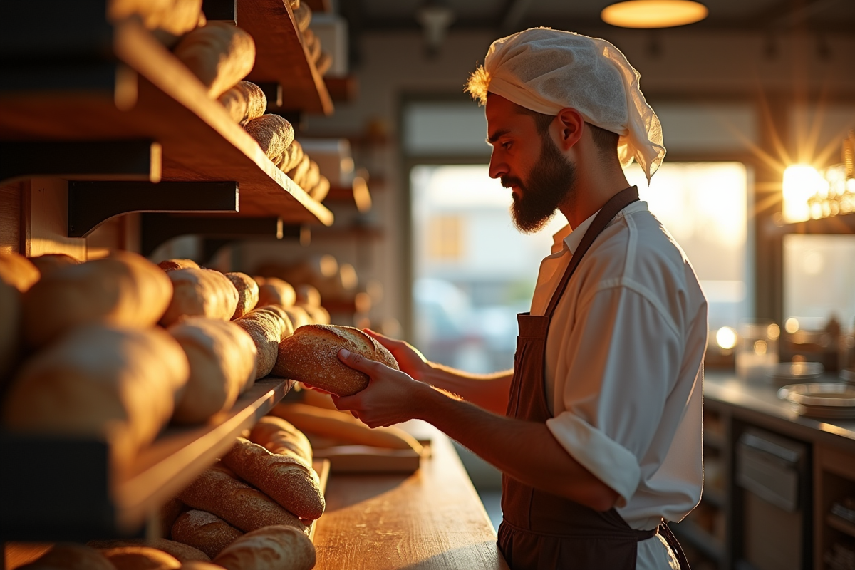 Fournier arrangeant des baguettes dans une boulangerie lumineuse