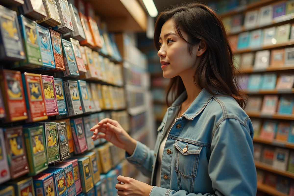 Femme cherchant des cartes Pokémon rares Flammes Fantasmagoriques dans une boutique spécialisée jeux de cartes à collectionner