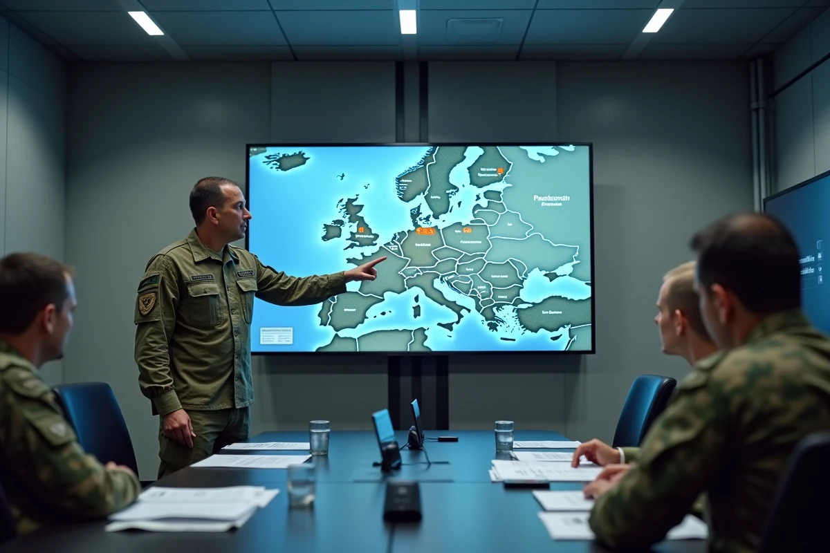 Officier de l'armée française présentant une stratégie blindée sur écran tactique lors d'un briefing de commandement OTAN