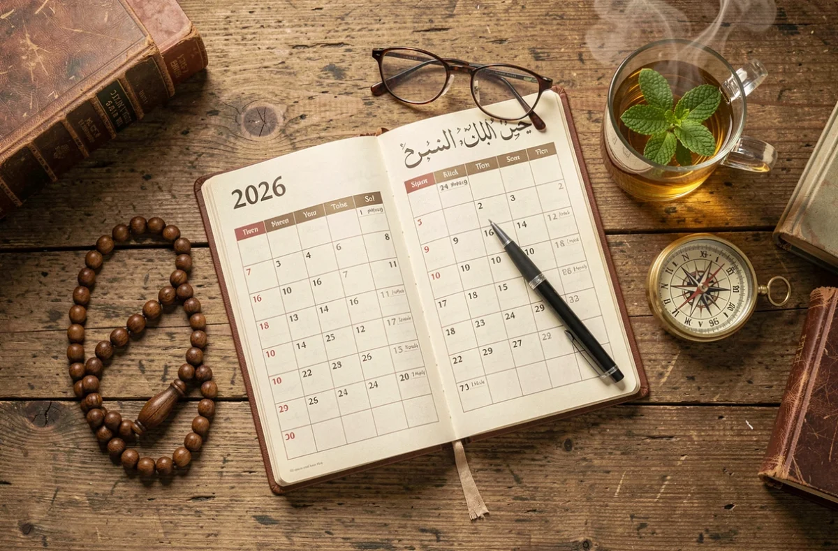 Calendrier des horaires de prière 2026 sur un bureau avec chapelet et boussole pour Douai