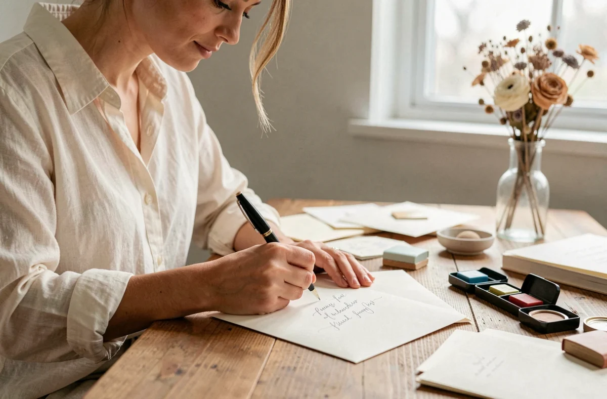 Femme écrivant avec une plume calligraphique sur une enveloppe de mariage ivoire posée sur un bureau en bois entouré d'articles de papeterie élégants