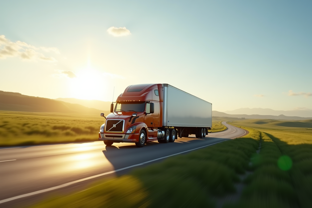 Camion semitrailer roulant sur une route en pleine nature ensoleillée