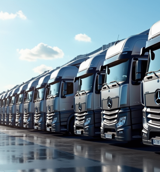 Ligne de camions semitrailers modernes dans un terminal logistique