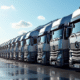 Ligne de camions semitrailers modernes dans un terminal logistique