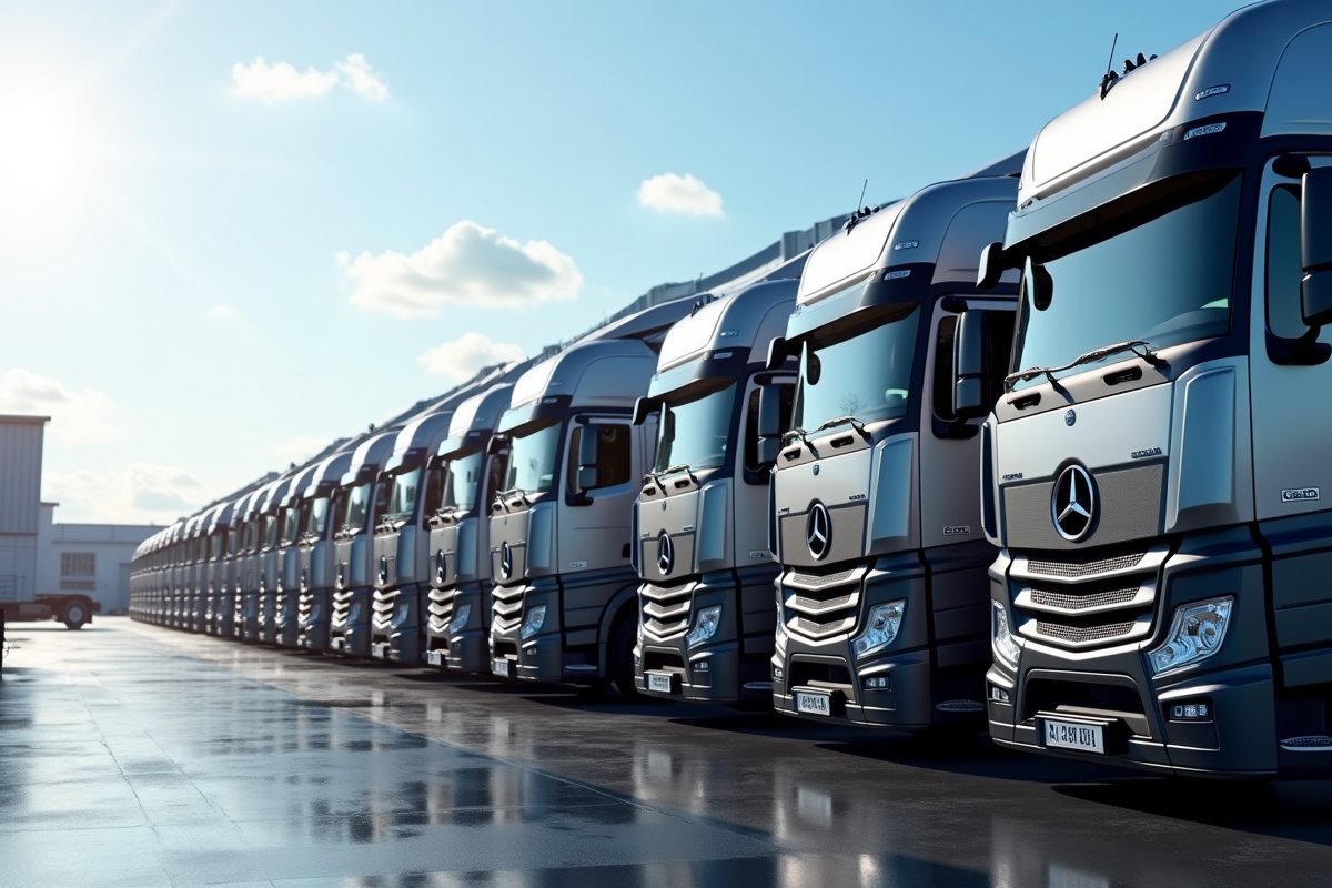 Ligne de camions semitrailers modernes dans un terminal logistique