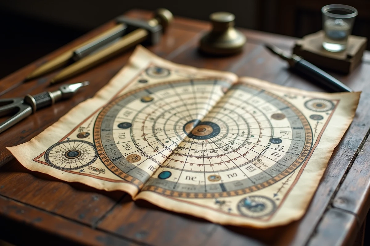 Ancienne carte céleste manuscrite du système solaire posée sur un bureau en chêne avec instruments astronomiques en laiton
