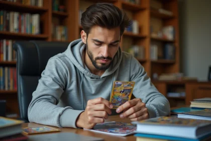 Jeune homme examinant une carte Pokémon holographique rare de la série Flammes Fantasmagoriques à son bureau