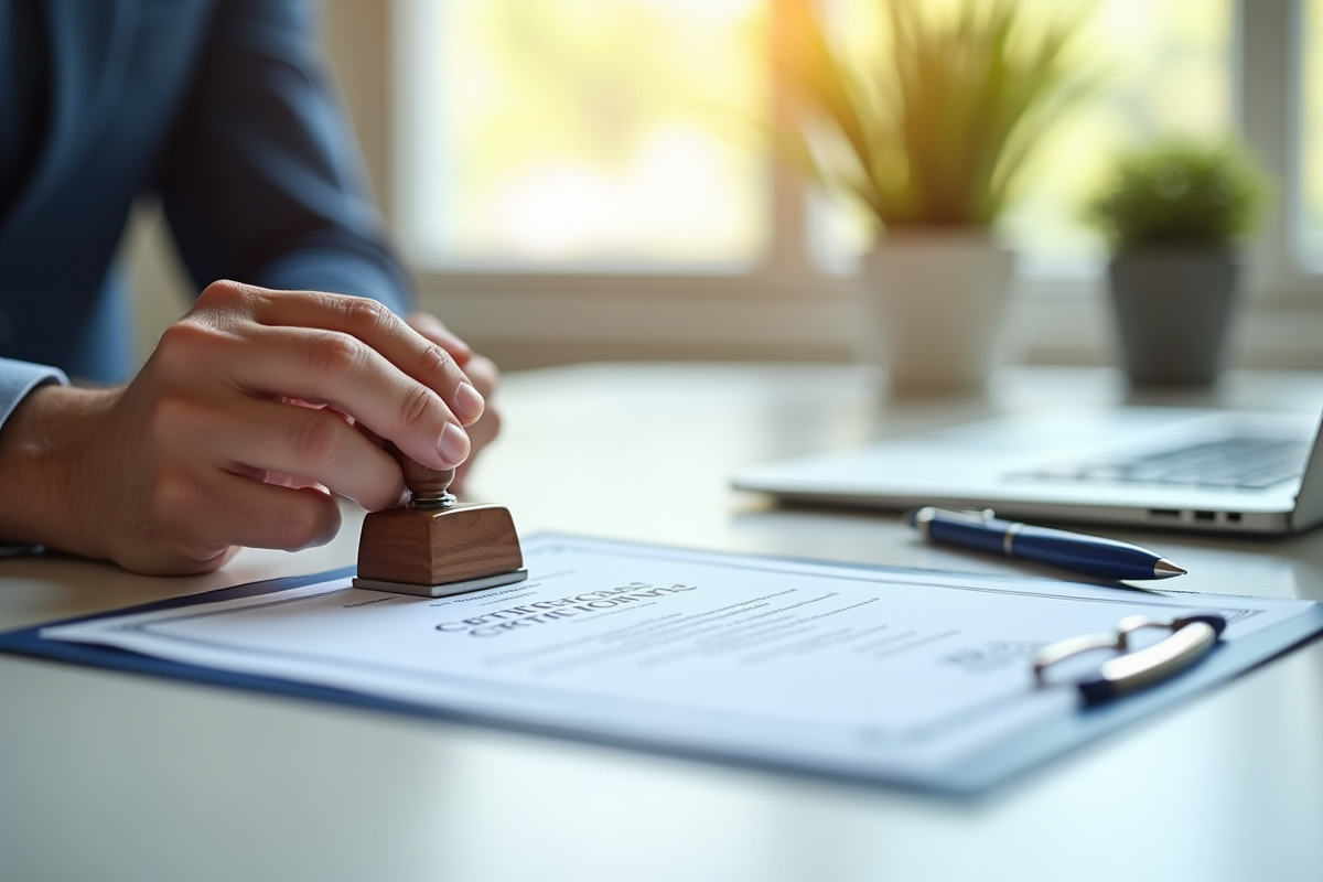 Main tenant un certificat de qualité sur un bureau moderne