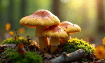 Champignons chanterelles grises dans la forêt ensoleillée