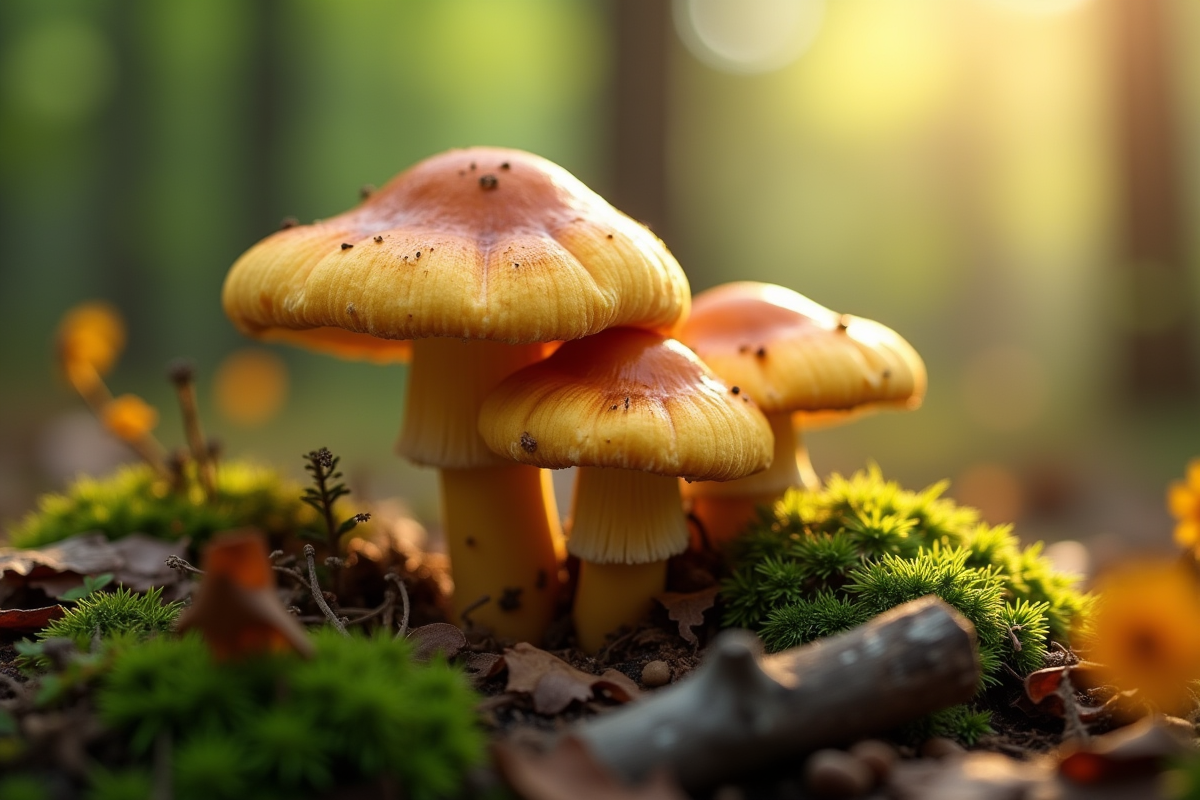 Champignons chanterelles grises dans la forêt ensoleillée
