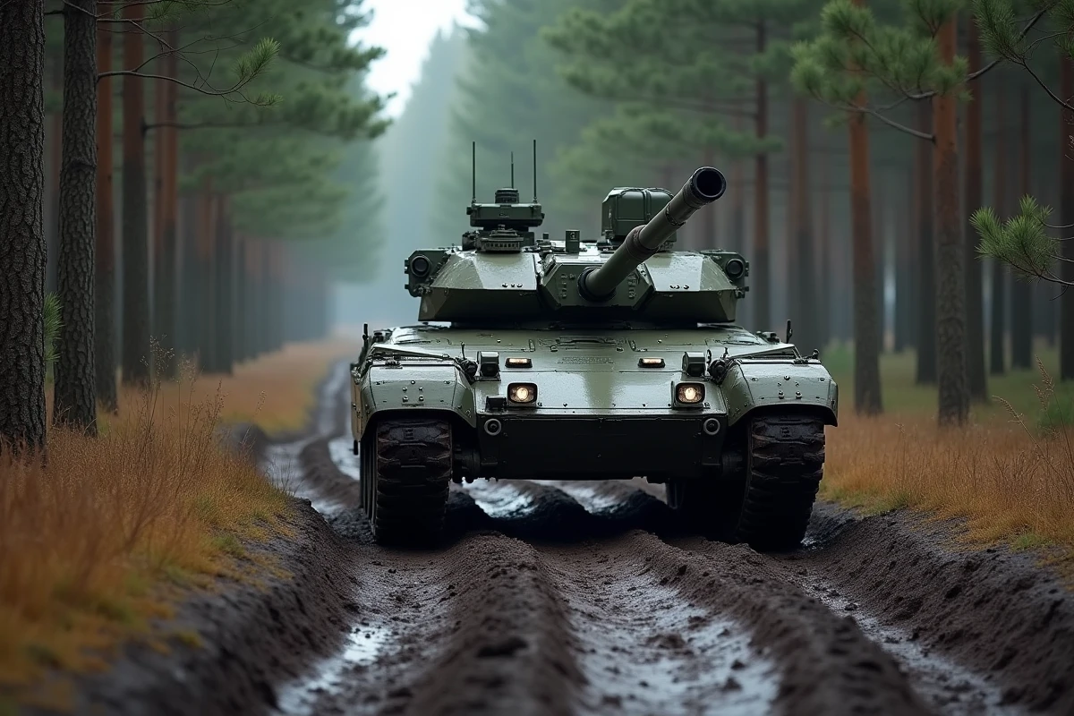 Char Leclerc français progressant sur un chemin forestier boueux lors d'une manœuvre conjointe de l'OTAN