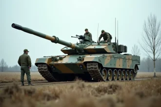 Char de combat OTAN lors d'un exercice militaire en Europe de l'Est avec équipage en combinaison olive effectuant une inspection