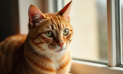 Chat roux aux yeux verts sur une fenêtre ensoleillée