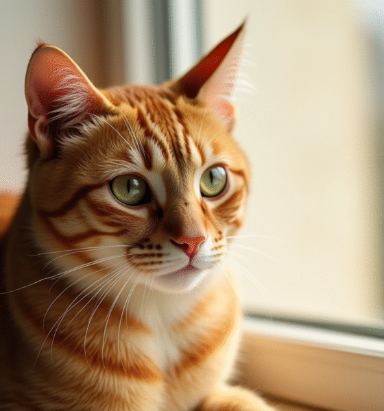Chat roux aux yeux verts sur une fenêtre ensoleillée
