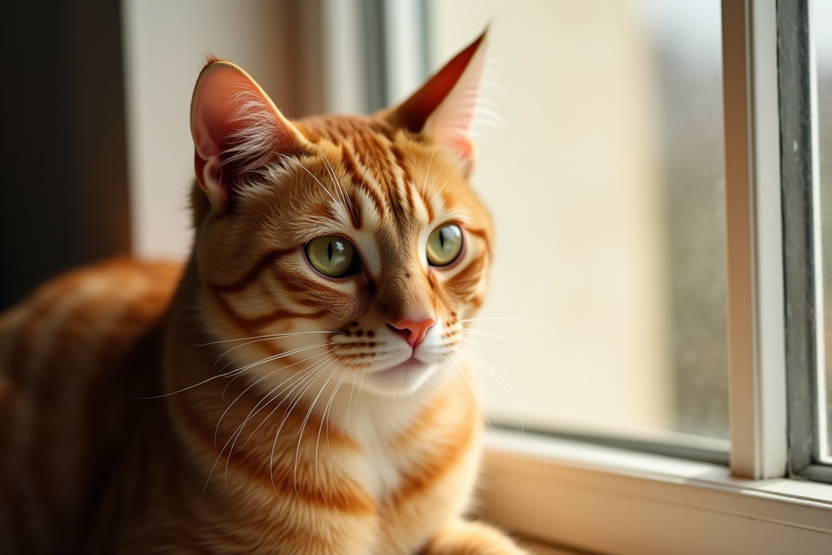 Chat roux aux yeux verts sur une fenêtre ensoleillée